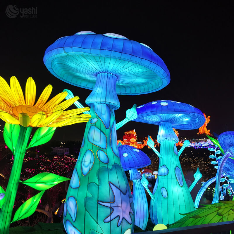 Custom Cute Cartoon Mushroom Lantern Group, Large LED Whimsical Character Mushroom Light Sculpture for Festival Display
