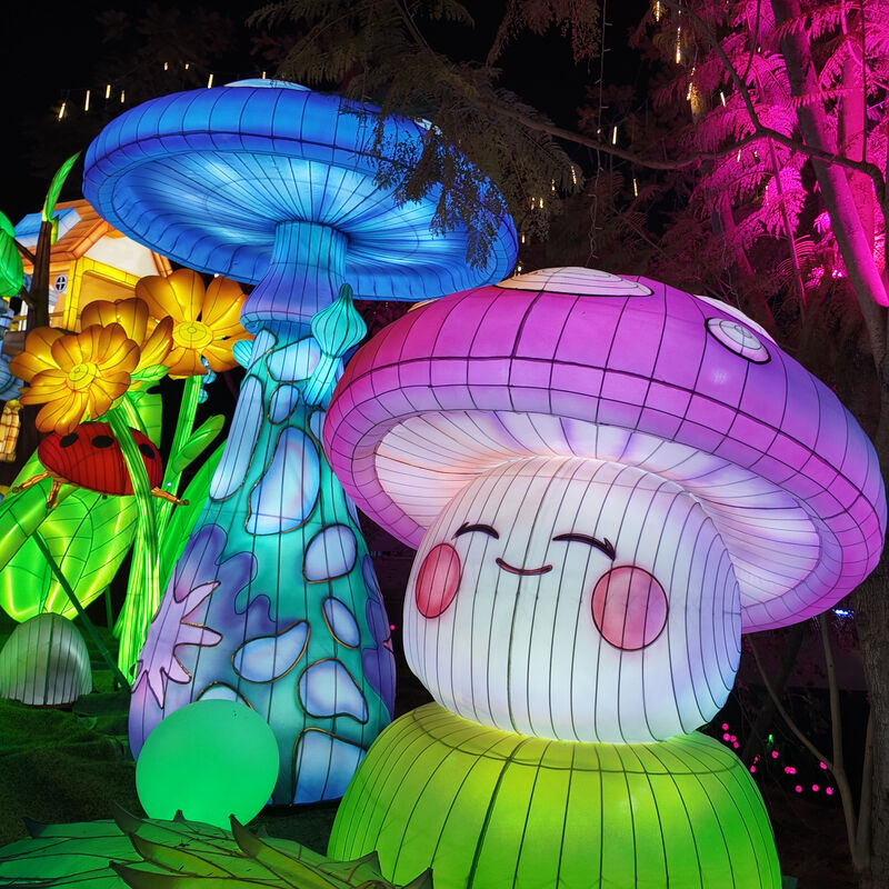 Custom Cute Cartoon Mushroom Lantern Group, Large LED Whimsical Character Mushroom Light Sculpture for Festival Display