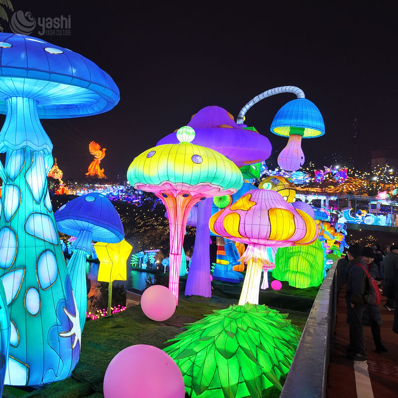 Custom Cute Cartoon Mushroom Lantern Group, Large LED Whimsical Character Mushroom Light Sculpture for Festival Display