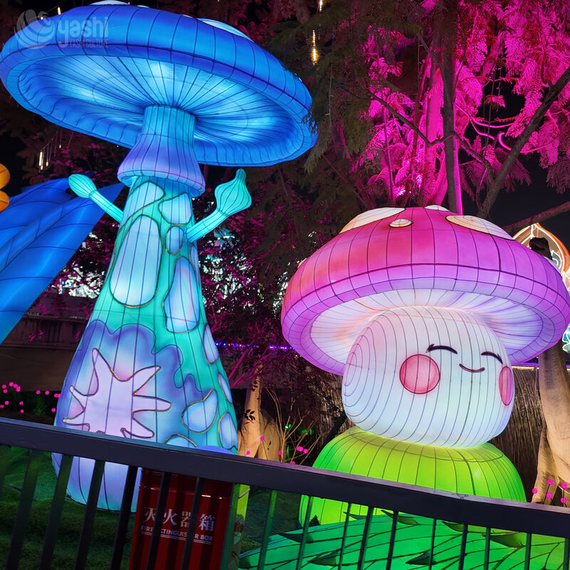 Custom Cute Cartoon Mushroom Lantern Group, Large LED Whimsical Character Mushroom Light Sculpture for Festival Display