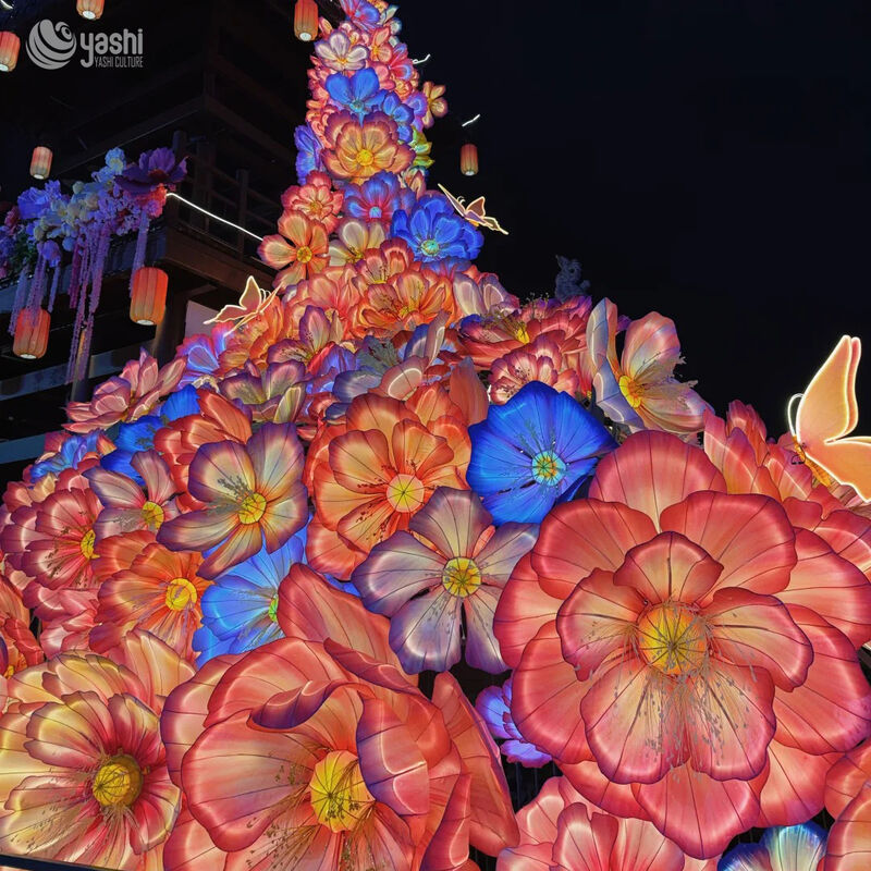 Benutzerdefinierte riesige gemischte bunte Blumen-LED-Laterneninstallation, großformatige florale Lichtskulptur für das Grand Park Light Festival