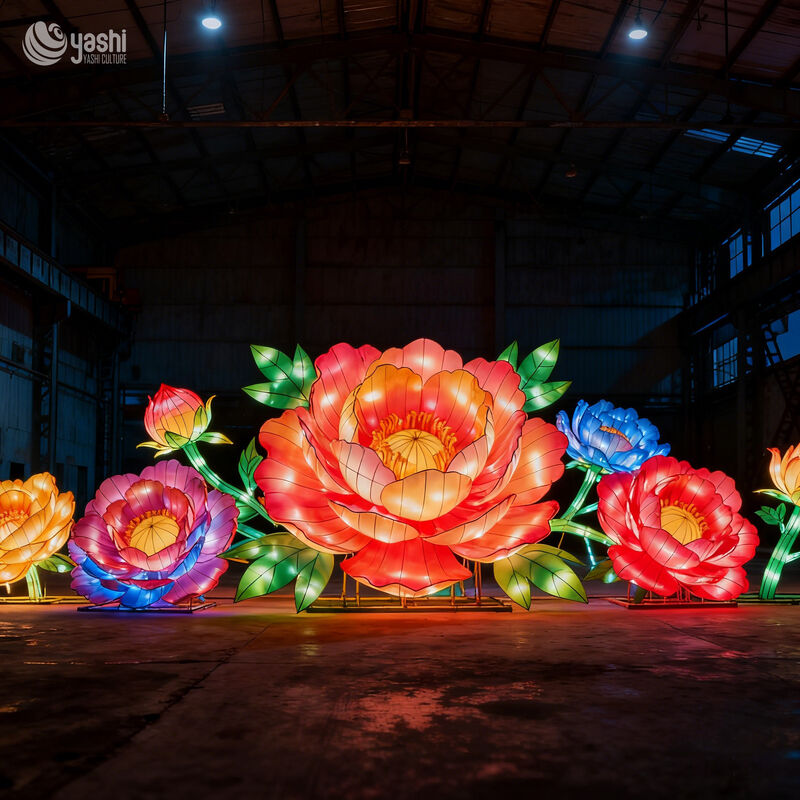 Custom Giant Peony Flower LED Lantern Set, Vielfarbige chinesische Peony Licht Skulptur für Kulturpark Licht Festival