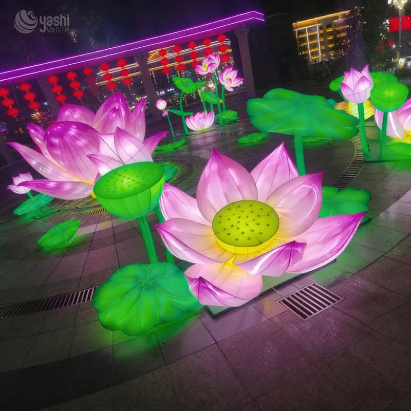 Custom Giant Pink Lotus Flower LED Lantern with Seed Pod & Leaves, Oriental Floral Light Sculpture for Park Cultural Light Festival