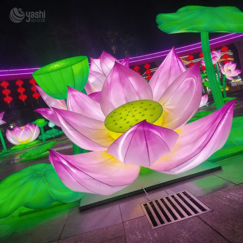 Custom Giant Pink Lotus Flower LED Lantern with Seed Pod & Leaves, Oriental Floral Light Sculpture for Park Cultural Light Festival
