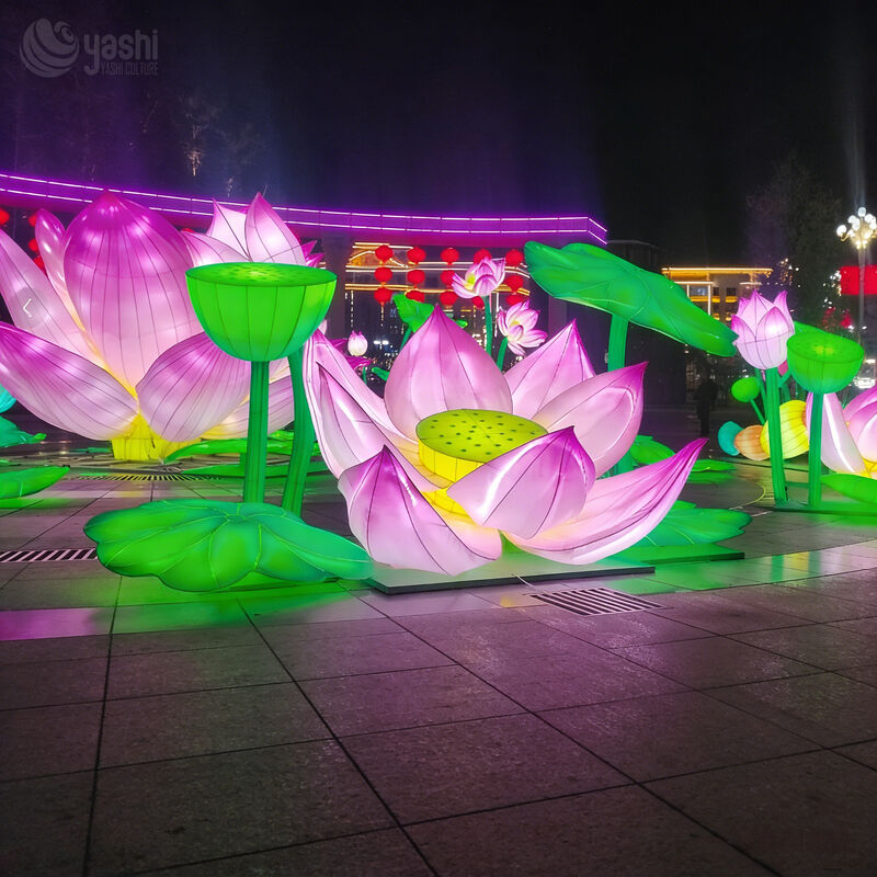 Custom Giant Pink Lotus Flower LED Lantern with Seed Pod & Leaves, Oriental Floral Light Sculpture for Park Cultural Light Festival
