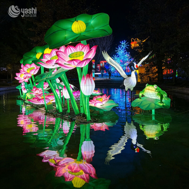 Custom Giant Pink Lotus Flower LED Lantern with Seed Pod & Leaves, Oriental Floral Light Sculpture for Park Cultural Light Festival