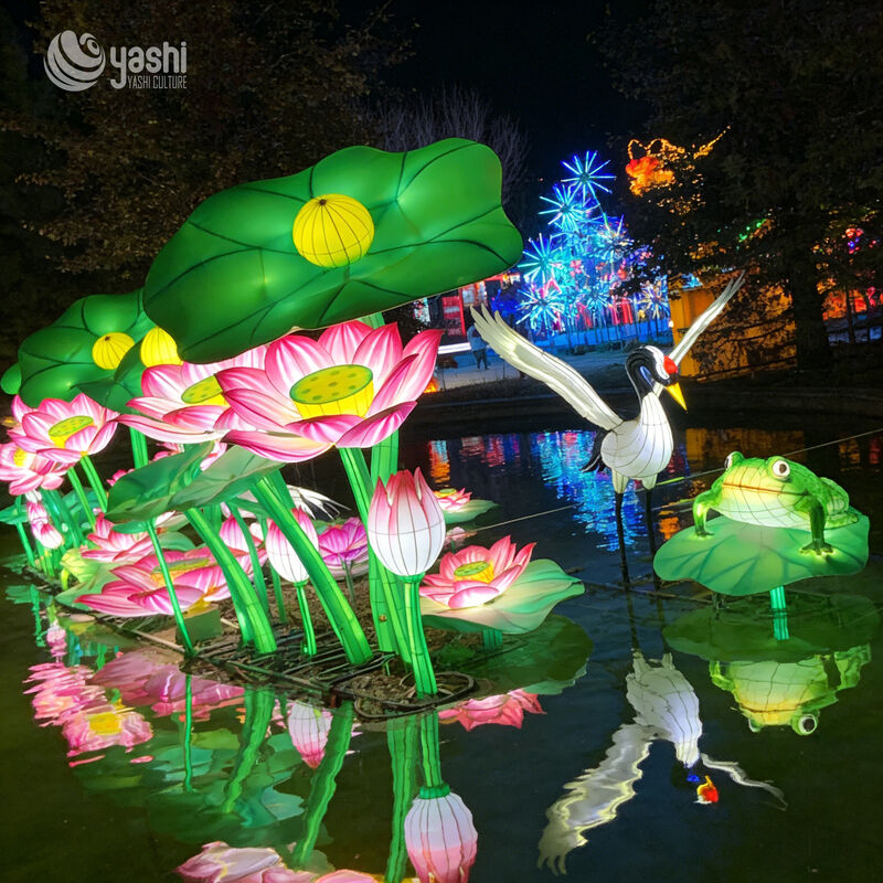 Custom Giant Pink Lotus Flower LED Lantern with Seed Pod & Leaves, Oriental Floral Light Sculpture for Park Cultural Light Festival