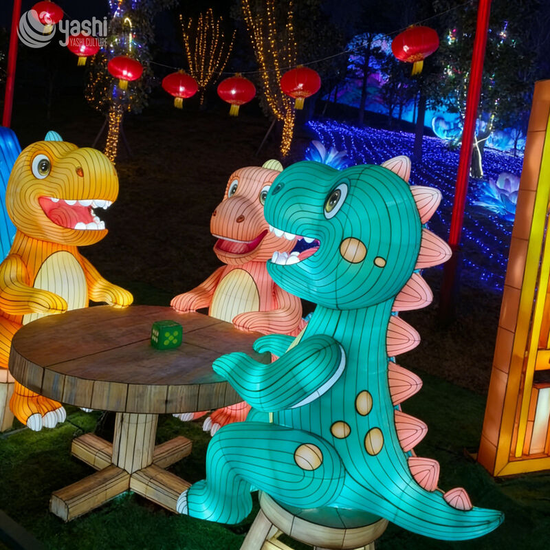 Custom Cartoon Dinosaur Group Lantern Set, Outdoor LED Dinosaur Table Scene Light Display for Theme Park & Family Light Festival