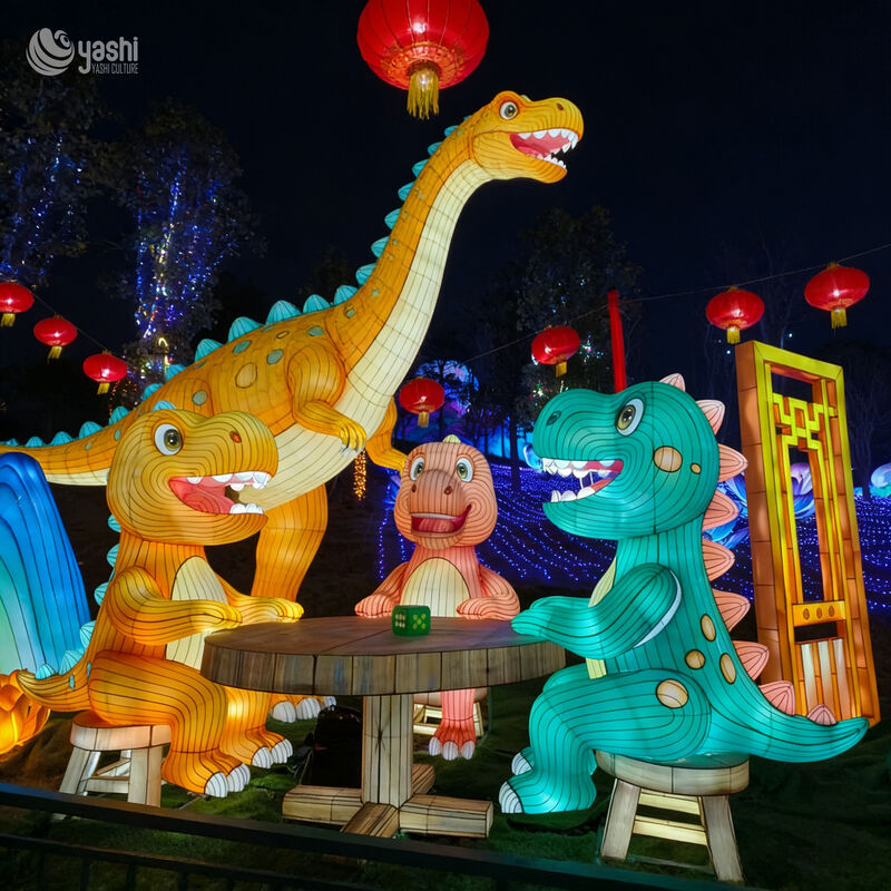 Custom Cartoon Dinosaur Group Lantern Set, Outdoor LED Dinosaur Table Scene Light Display for Theme Park & Family Light Festival