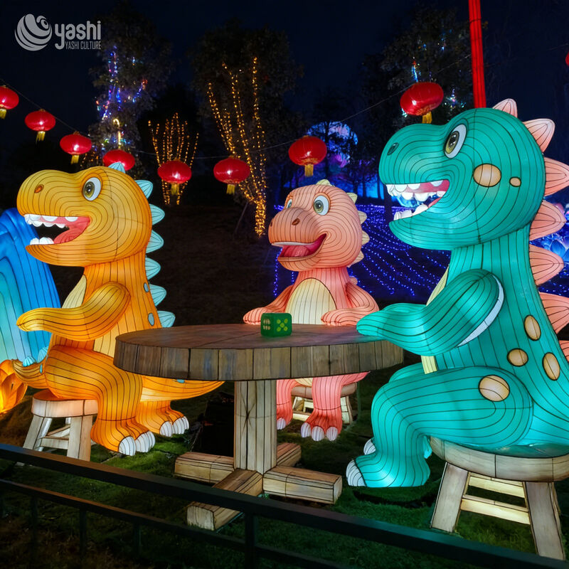 Custom Cartoon Dinosaur Group Lantern Set, Outdoor LED Dinosaur Table Scene Light Display for Theme Park & Family Light Festival