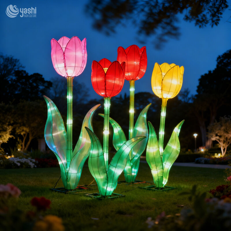 Riesige Tulpenblumen-LED-Laternen-Set, mehrfarbige Blumenlichtskulptur für Gartenpark, Außenbeleuchtung Festival
