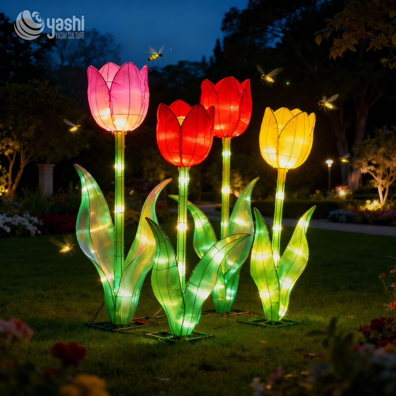 Riesige Tulpenblumen-LED-Laternen-Set, mehrfarbige Blumenlichtskulptur für Gartenpark, Außenbeleuchtung Festival