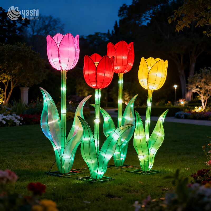 Riesige Tulpenblumen-LED-Laternen-Set, mehrfarbige Blumenlichtskulptur für Gartenpark, Außenbeleuchtung Festival