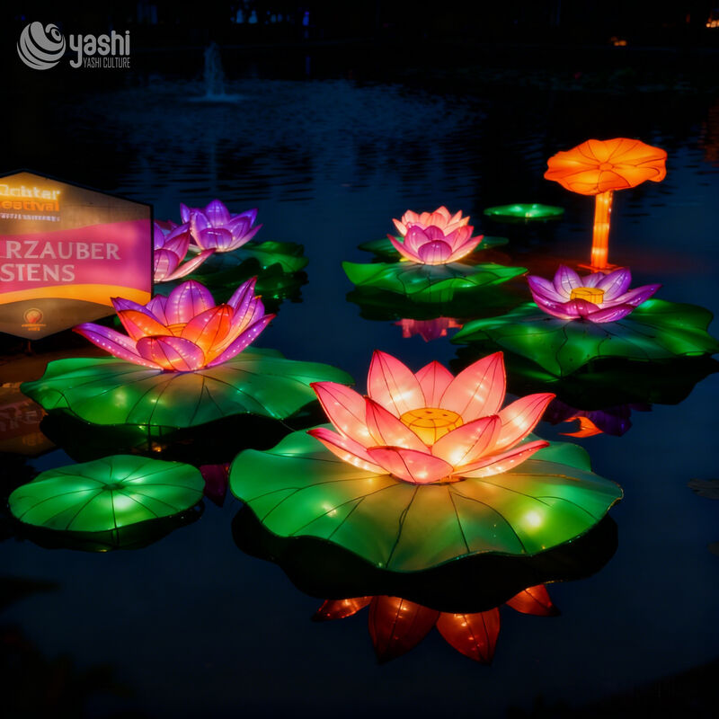 Custom Floating Water Lotus LED Lantern Set, wasserdichtes Teich See Blumenlicht Skulptur für Wasser-Themen Licht Festival