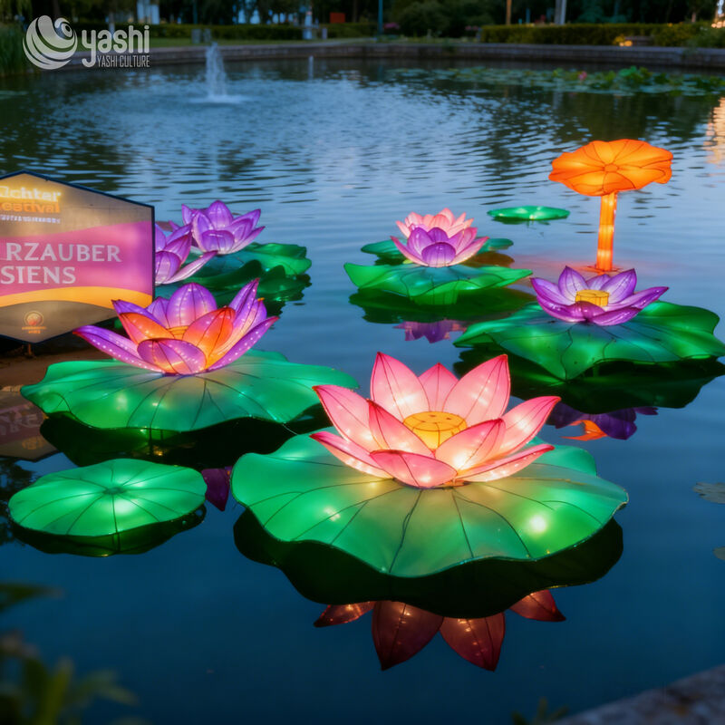 Custom Floating Water Lotus LED Lantern Set, wasserdichtes Teich See Blumenlicht Skulptur für Wasser-Themen Licht Festival