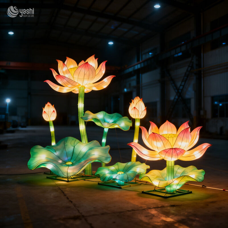Custom Giant Lotus Flower LED Lantern Set with Buds & Lotus Leaves, Oriental Floral Light Sculpture for Park Garden Light Show