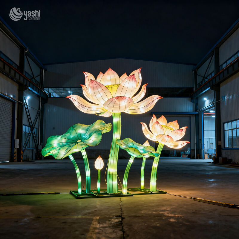 Custom Giant Lotus Flower LED Lantern Set with Buds & Lotus Leaves, Oriental Floral Light Sculpture for Park Garden Light Show