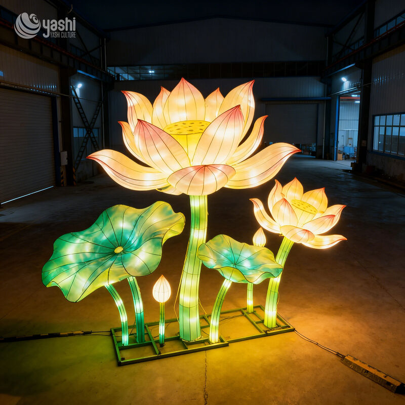 Custom Giant Lotus Flower LED Lantern Set with Buds & Lotus Leaves, Oriental Floral Light Sculpture for Park Garden Light Show