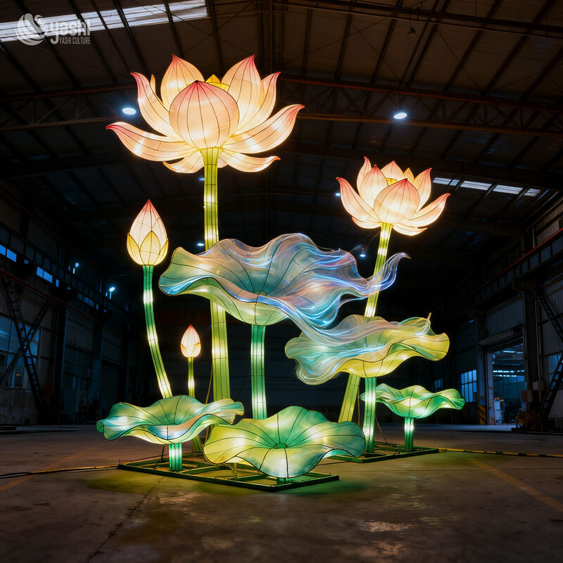 Custom Giant Lotus Flower LED Lantern Set with Buds & Lotus Leaves, Oriental Floral Light Sculpture for Park Garden Light Show