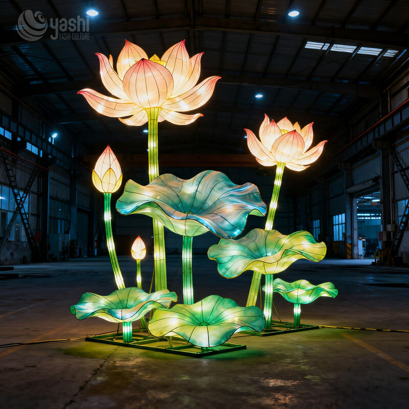 Custom Giant Lotus Flower LED Lantern Set with Buds & Lotus Leaves, Oriental Floral Light Sculpture for Park Garden Light Show