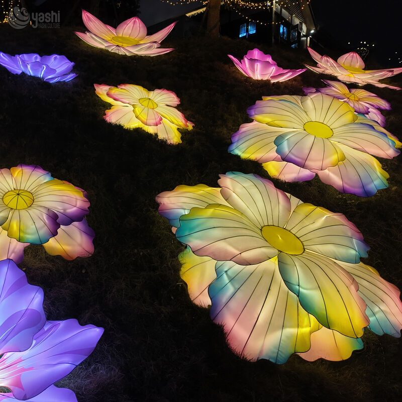 Custom Pink & Yellow Lotus Lantern With Rockery, Large LED Floral Light Sculpture for Chinese Lantern Festival