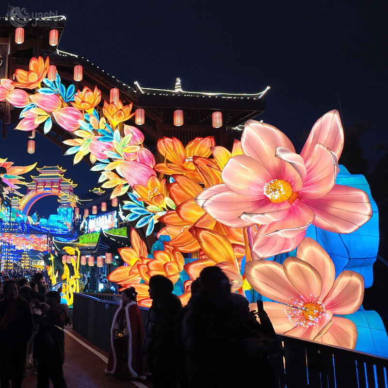 Custom Pink & Yellow Lotus Lantern With Rockery, Large LED Floral Light Sculpture for Chinese Lantern Festival