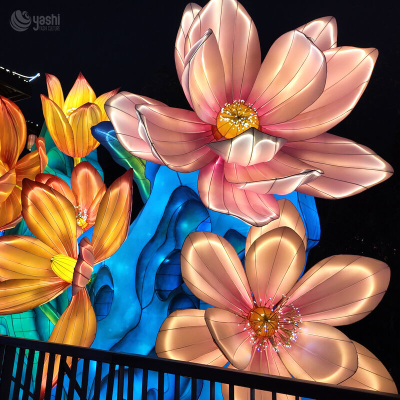 Custom Pink & Yellow Lotus Lantern With Rockery, Large LED Floral Light Sculpture for Chinese Lantern Festival