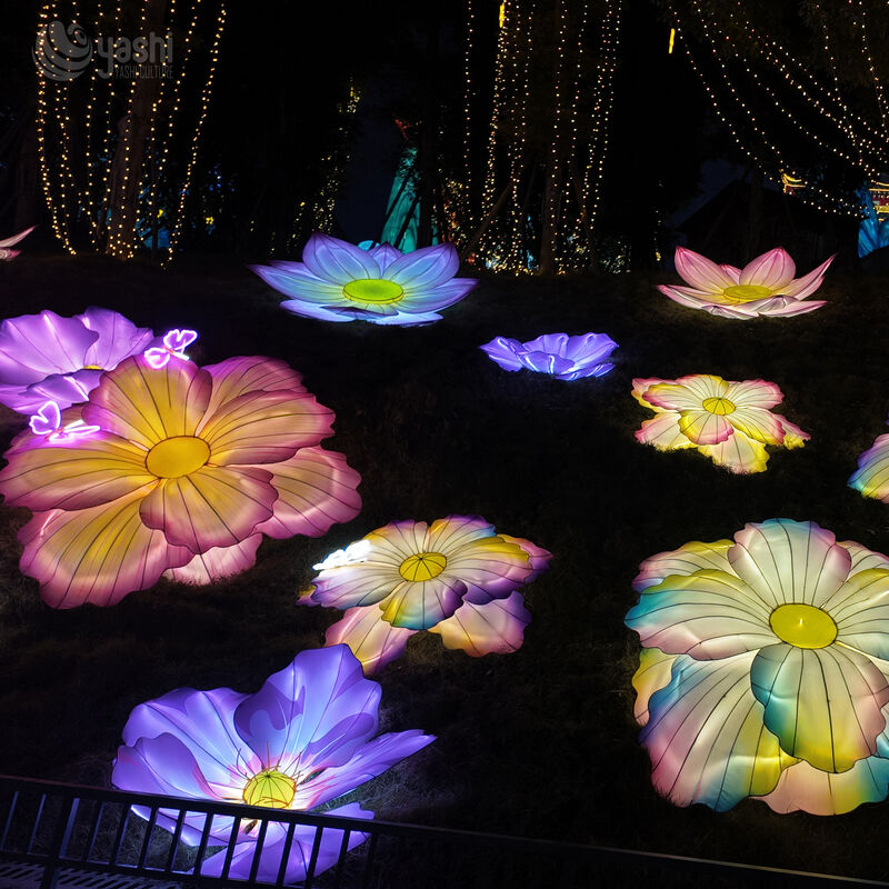 Custom Pink & Yellow Lotus Lantern With Rockery, Large LED Floral Light Sculpture for Chinese Lantern Festival