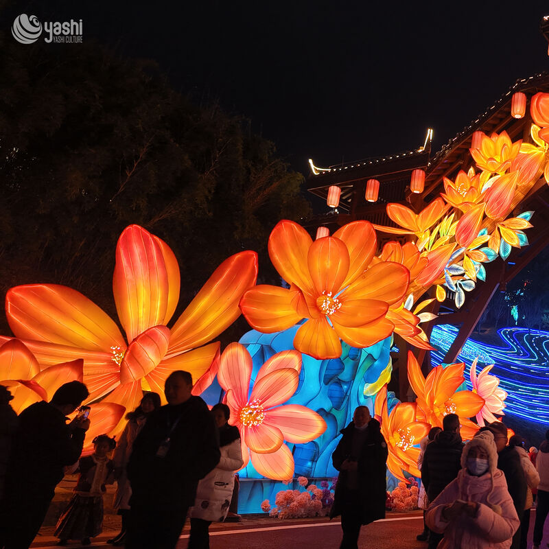 Custom Pink & Yellow Lotus Lantern With Rockery, Large LED Floral Light Sculpture for Chinese Lantern Festival