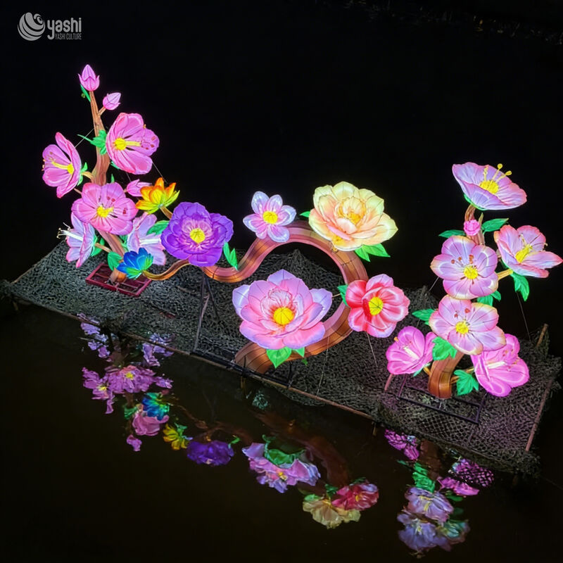 Custom Water‑Mounted Peony Flower Branch Lantern, Large LED Floral Light Sculpture for Lake Lantern Show