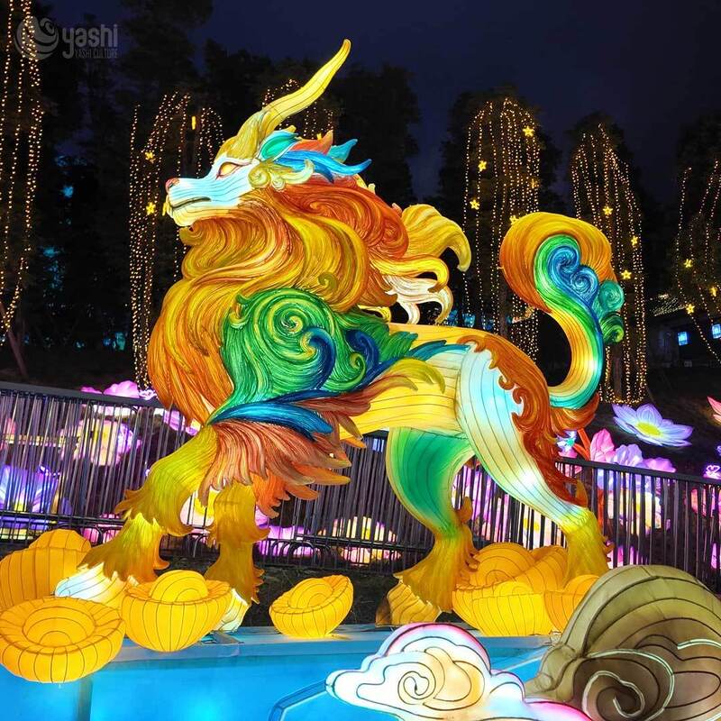 Custom Qilin LED Lantern, Chinese Mythical Beast Light Sculpture with Gold Ingot for Cultural Festival Night Show
