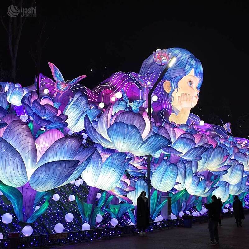 Custom Girl & Lotus Flower Zigong Lantern Scene, Giant Fantasy Character LED Light Sculpture with Lotus Pond, Waterproof Outdoor Dreamy Festival Light Installation
