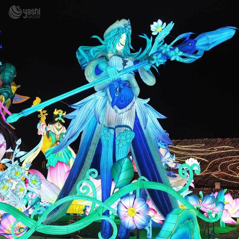 Custom Fantasy Game Character Zigong Lantern, Giant Ice Mage Warrior Girl LED Light Sculpture, Waterproof Outdoor Theme‑Park Festival Light Installation