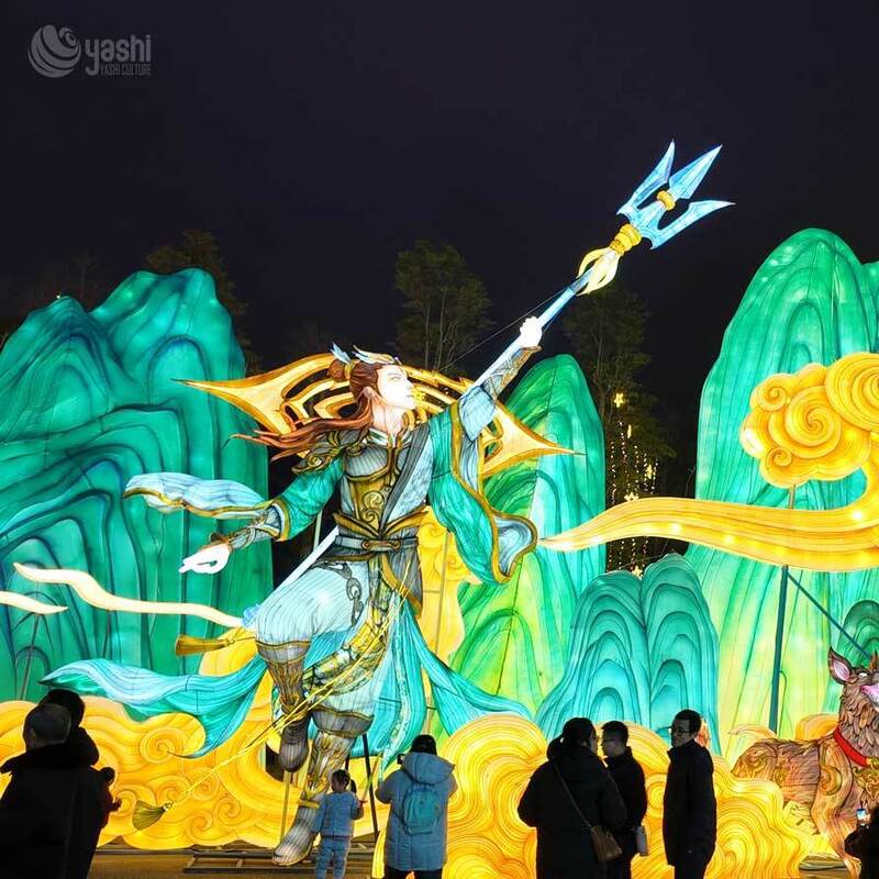 Custom Chinese Ancient Beauty Zigong Lantern Scene, Giant Musical Lady Playing Pipa LED Light Sculpture with Bird & Lotus, Waterproof Traditional Festival Light Installation