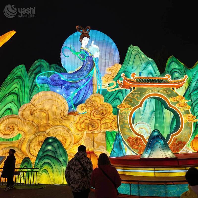 Custom Chinese Ancient Beauty Zigong Lantern Scene, Giant Musical Lady Playing Pipa LED Light Sculpture with Bird & Lotus, Waterproof Traditional Festival Light Installation