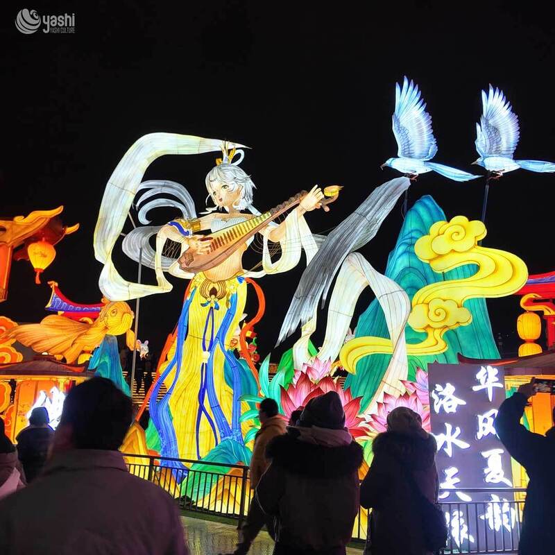 Custom Chinese Ancient Beauty Zigong Lantern Scene, Giant Musical Lady Playing Pipa LED Light Sculpture with Bird & Lotus, Waterproof Traditional Festival Light Installation
