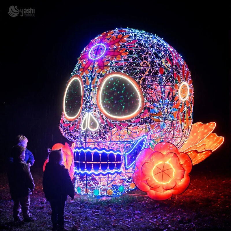 Giant Sugar Skull LED Light Sculpture - Custom Halloween & Day of the Dead Outdoor Festival Decoration