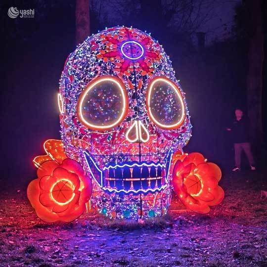 Giant Sugar Skull LED Light Sculpture - Custom Halloween & Day of the Dead Outdoor Festival Decoration