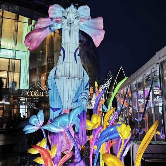 Custom Fantasy Mythical Horse LED Lantern, Colorful Magical Creature Light Sculpture with Floral Base for Theme Park Lantern Show