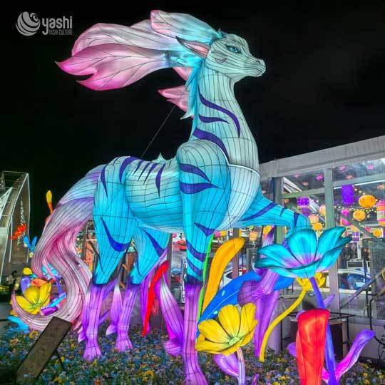 Custom Fantasy Mythical Horse LED Lantern, Colorful Magical Creature Light Sculpture with Floral Base for Theme Park Lantern Show