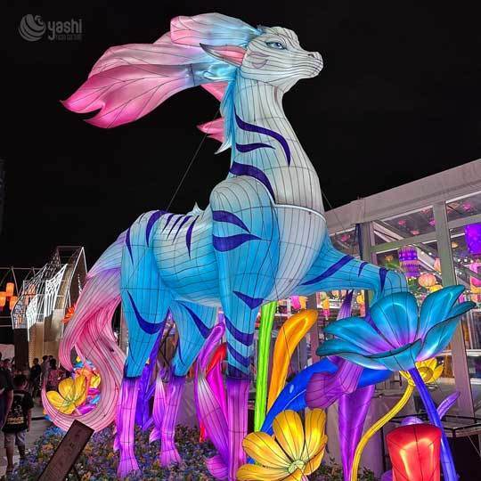 Custom Fantasy Mythical Horse LED Lantern, Colorful Magical Creature Light Sculpture with Floral Base for Theme Park Lantern Show