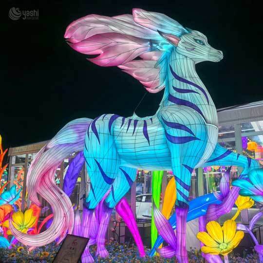 Custom Fantasy Mythical Horse LED Lantern, Colorful Magical Creature Light Sculpture with Floral Base for Theme Park Lantern Show