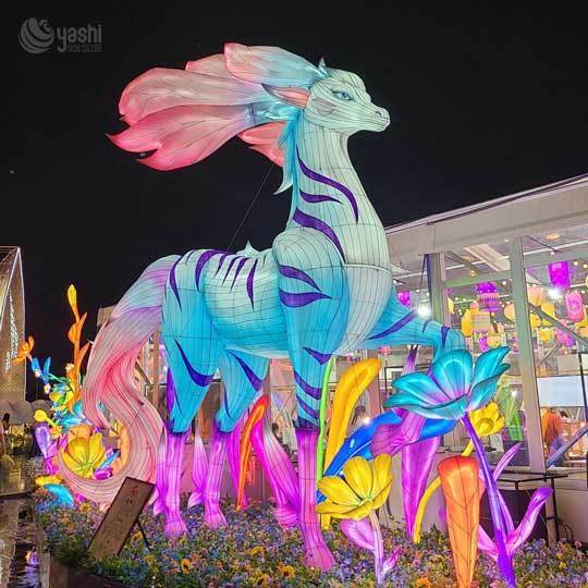 Custom Fantasy Mythical Horse LED Lantern, Colorful Magical Creature Light Sculpture with Floral Base for Theme Park Lantern Show