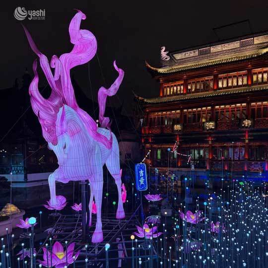 Custom Purple Fantasy Mythical Horse LED Lantern Sculpture, Lotus Flower Base for Scenic Lantern Festival