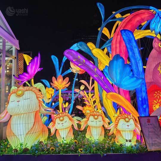 Custom Cartoon Mythical Beast Family LED Lantern Set, Cute Animal Light Sculptures with Giant Floral Scenery for Theme Park Lantern Show