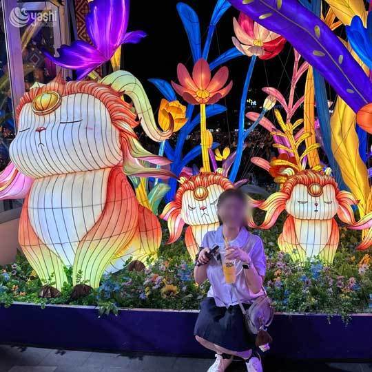 Custom Cartoon Mythical Beast Family LED Lantern Set, Cute Animal Light Sculptures with Giant Floral Scenery for Theme Park Lantern Show