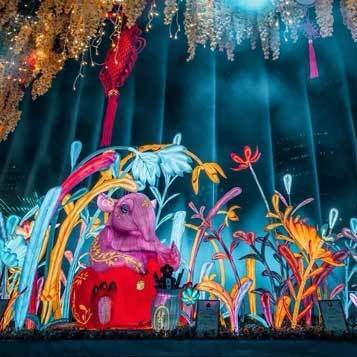 Custom Fantasy Mythical Tapir Beast LED Lantern Sculpture, Floral Scene for Commercial Lantern Festival