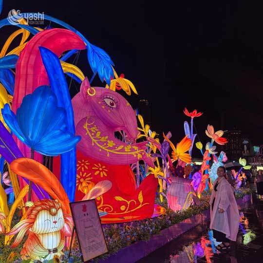 Custom Fantasy Mythical Tapir Beast LED Lantern Sculpture, Floral Scene for Commercial Lantern Festival