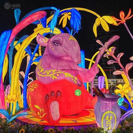 Custom Fantasy Mythical Tapir Beast LED Lantern Sculpture, Floral Scene for Commercial Lantern Festival