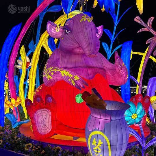 Custom Fantasy Mythical Tapir Beast LED Lantern Sculpture, Floral Scene for Commercial Lantern Festival